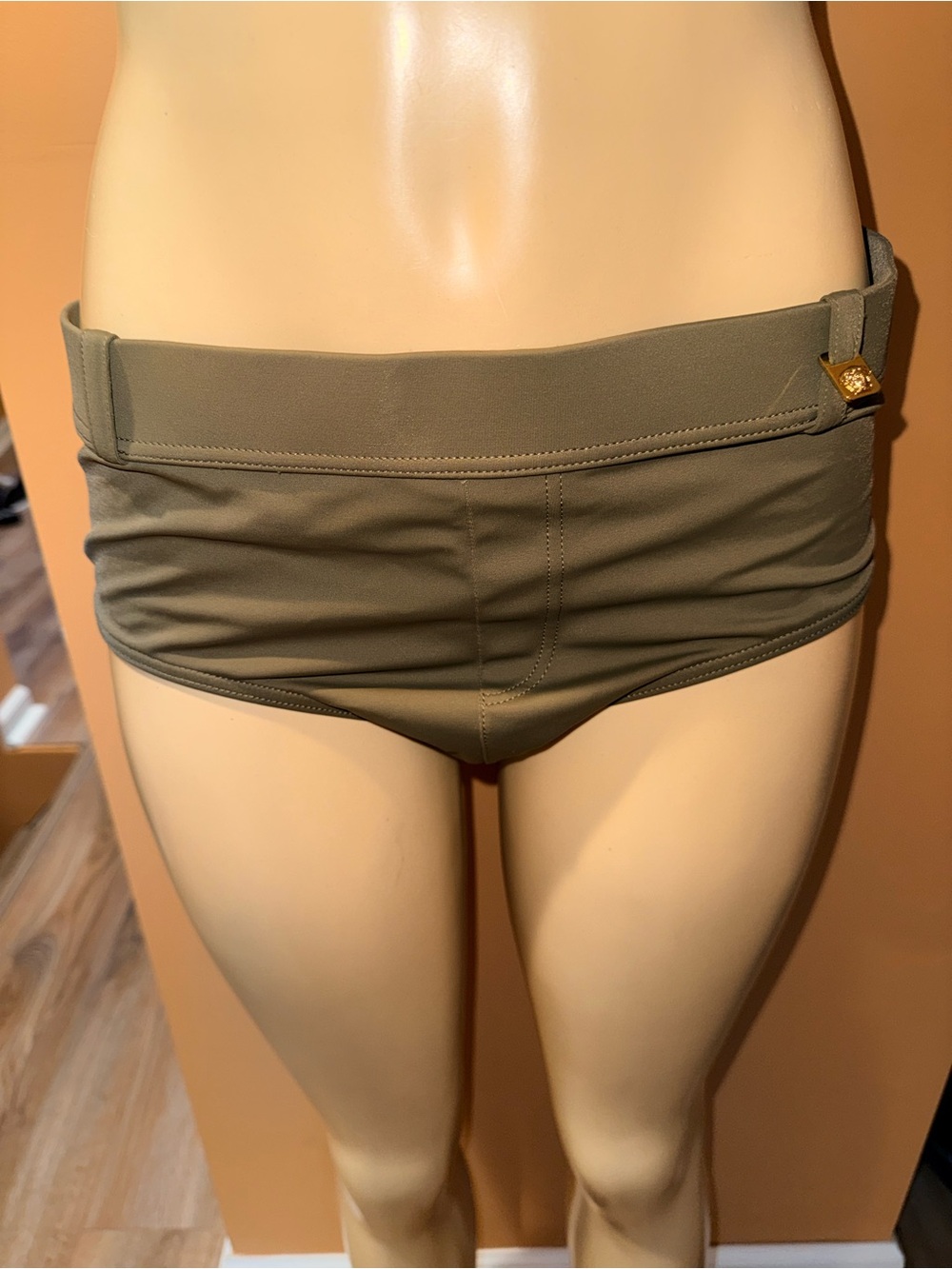 VERSACE Beachwear Olive Green Medusa Gold Head Greca Swim Brief, Size XL